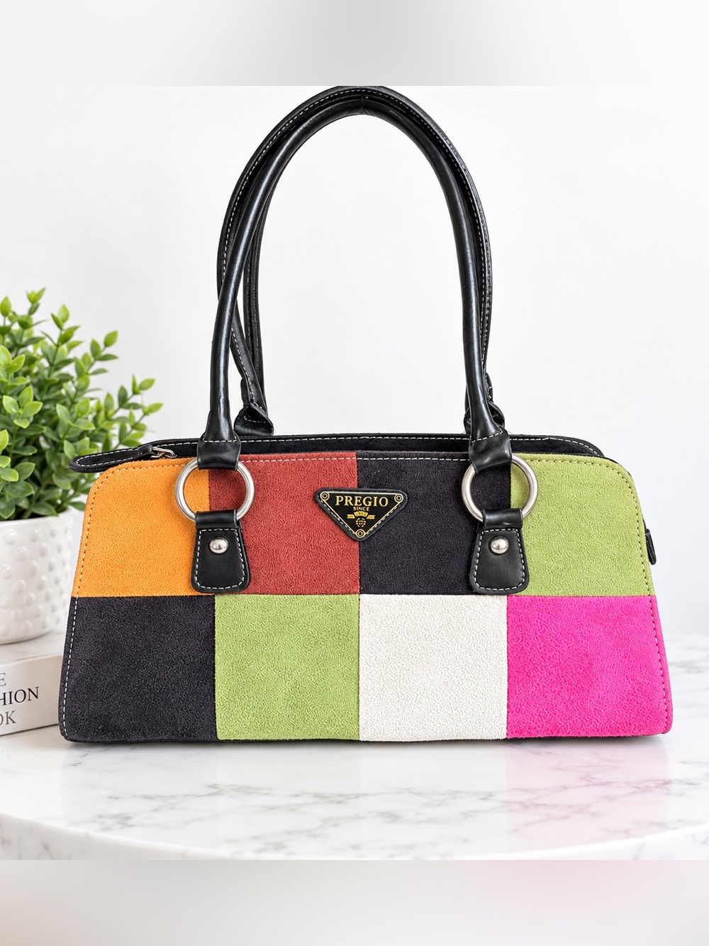 Vintage Y2K Pregio Faux Suede Patchwork Doctor Bag Multicolor Handbag 2000s